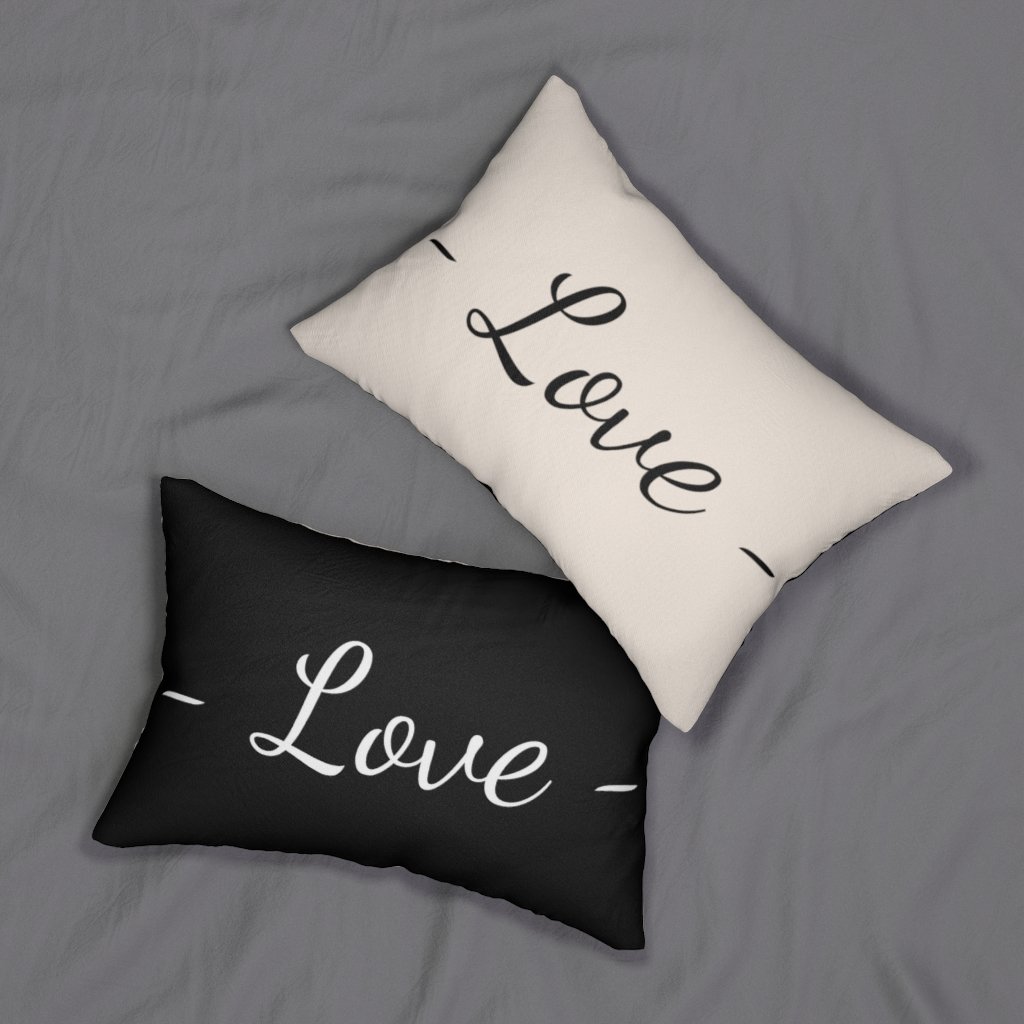 Decorative lumbar throw pillow in beige and black with 'Love' design, featuring a concealed zipper and double-sided print.