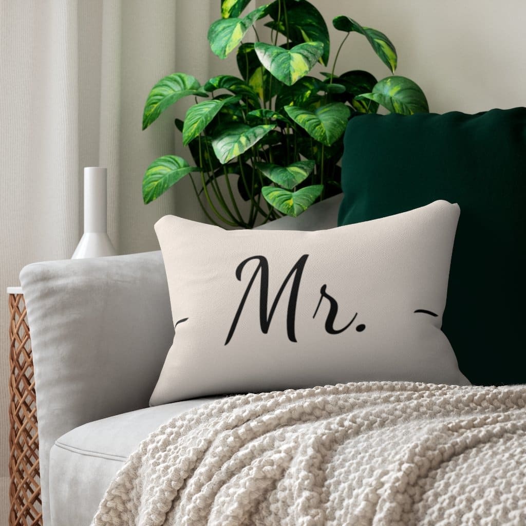 Mr. Decorative Lumbar Throw Pillow in beige and black with a stylish design and concealed zipper.