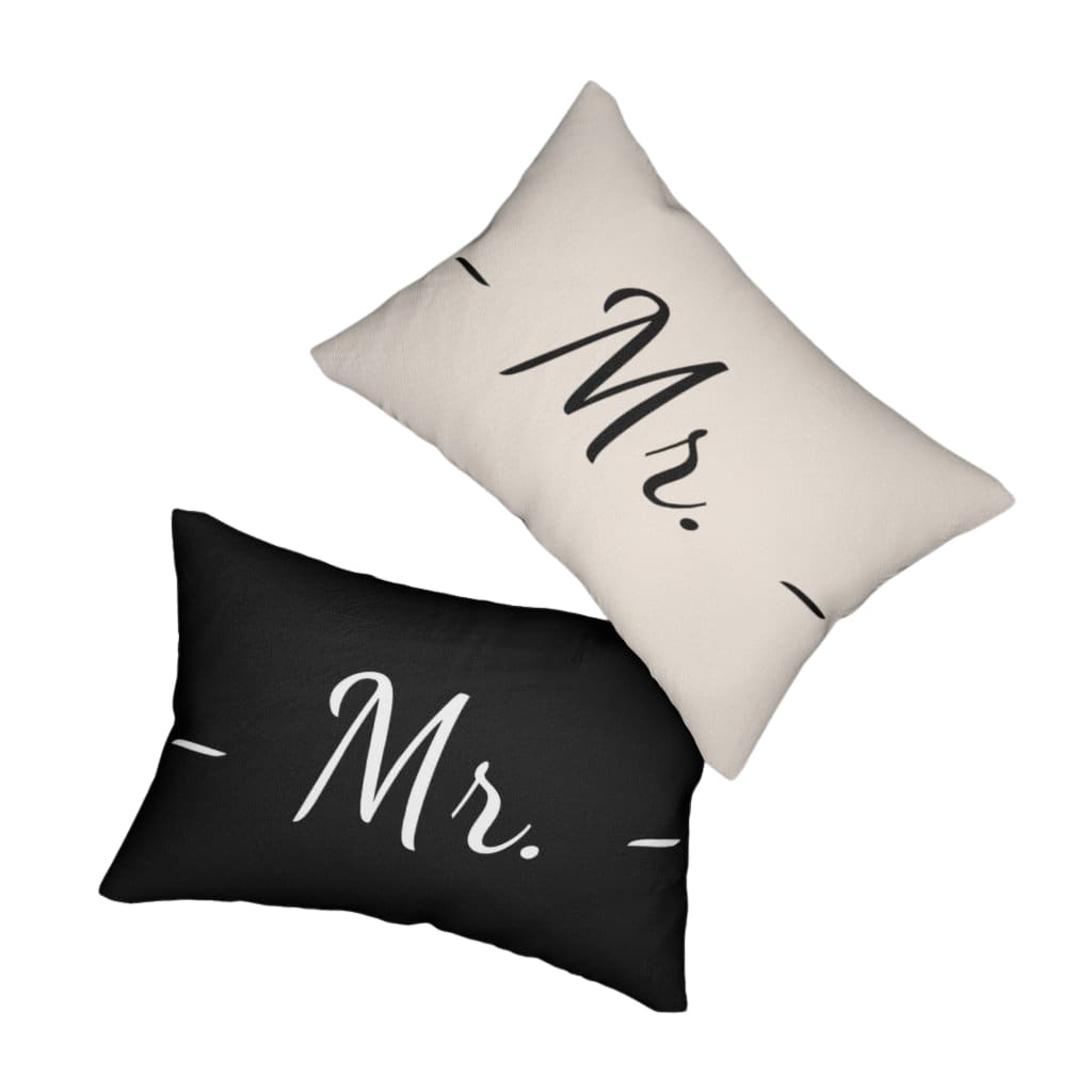 Mr. Decorative Lumbar Throw Pillow in beige and black with a stylish design and concealed zipper.