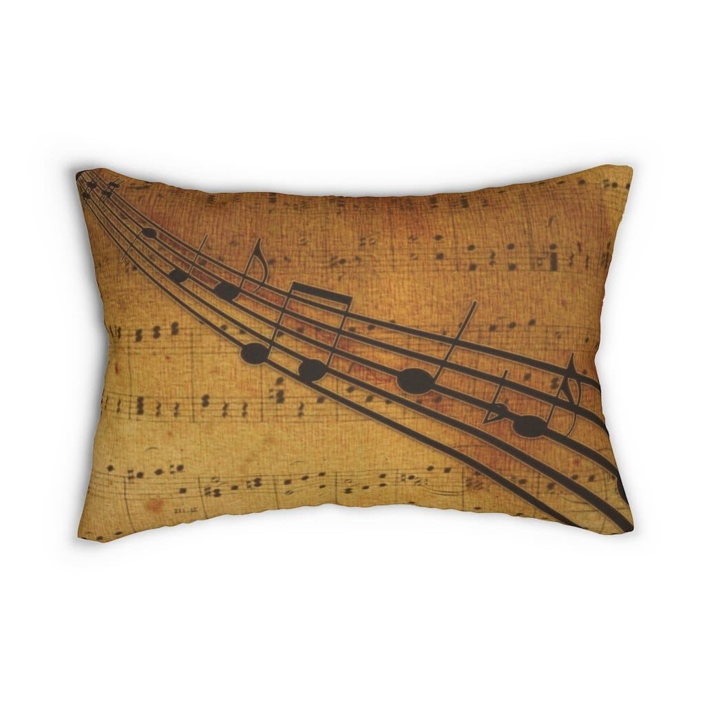 Decorative lumbar throw pillow featuring musical notes design in brown, made of spun-polyester fabric with a hidden zipper.