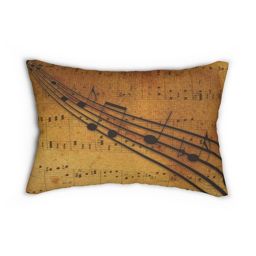 Decorative lumbar throw pillow featuring musical notes design in brown, made of spun-polyester fabric with a hidden zipper.