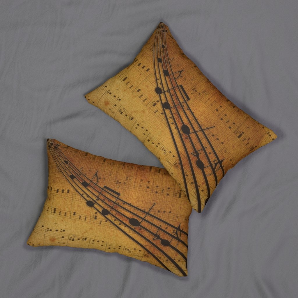 Decorative lumbar throw pillow featuring musical notes design in brown, made of spun-polyester fabric with a hidden zipper.