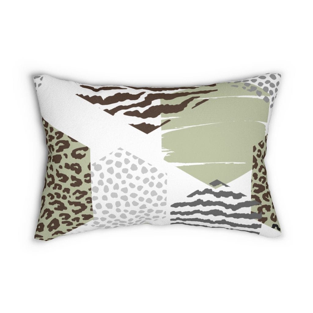 Decorative lumbar throw pillow featuring a pastel brown and green geometric design, showcasing its stylish and modern look.