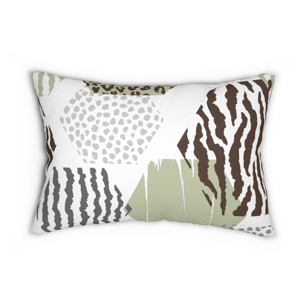 Decorative lumbar throw pillow featuring a pastel brown and green geometric design, showcasing its stylish and modern look.