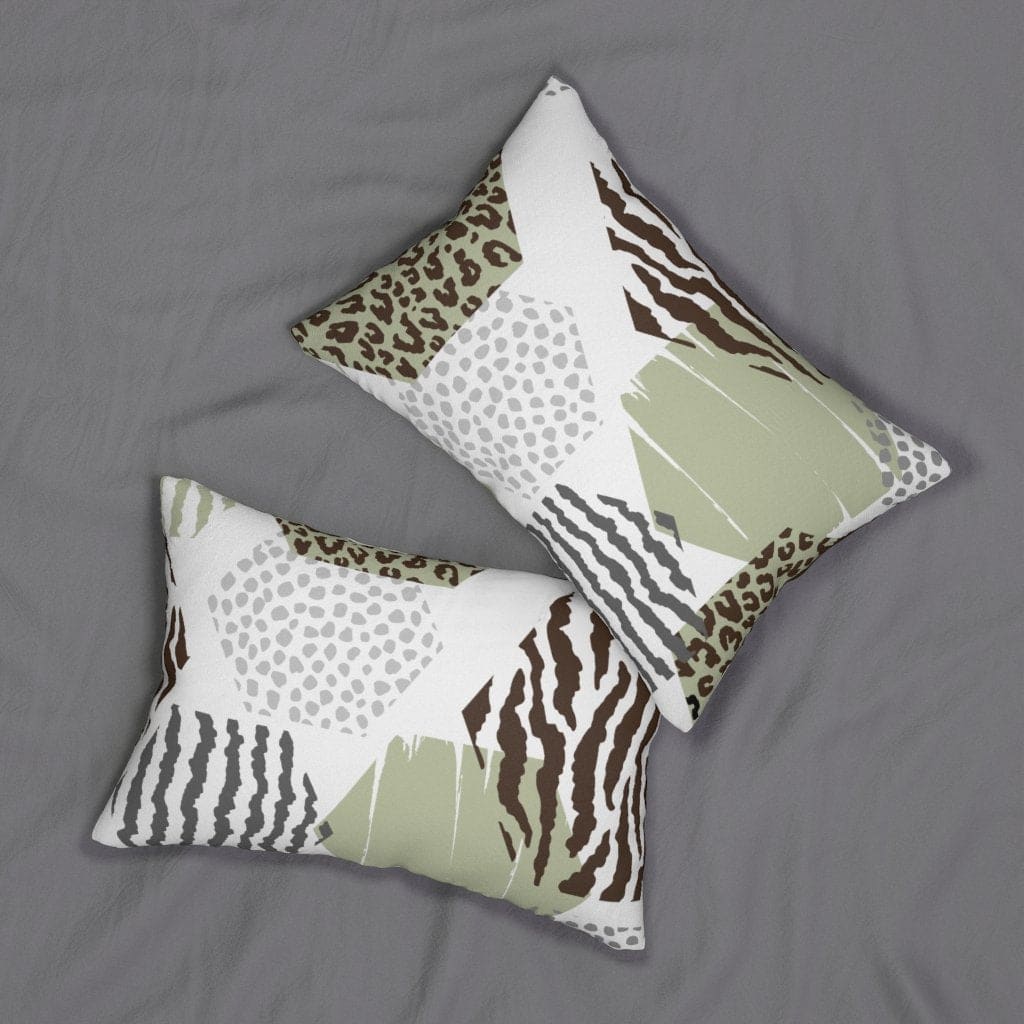 Decorative lumbar throw pillow featuring a pastel brown and green geometric design, showcasing its stylish and modern look.