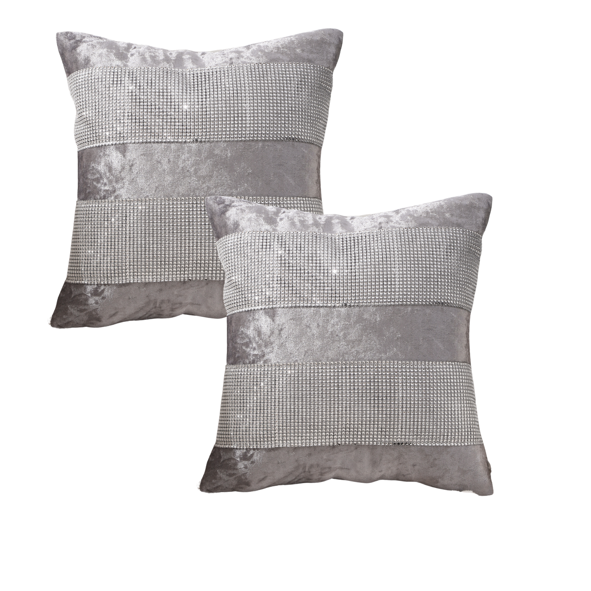 Diamante Sparkle Silver Grey Crushed Ice Velvet Square Cushion Covers displayed elegantly on a sofa, showcasing their luxurious texture and stylish design.