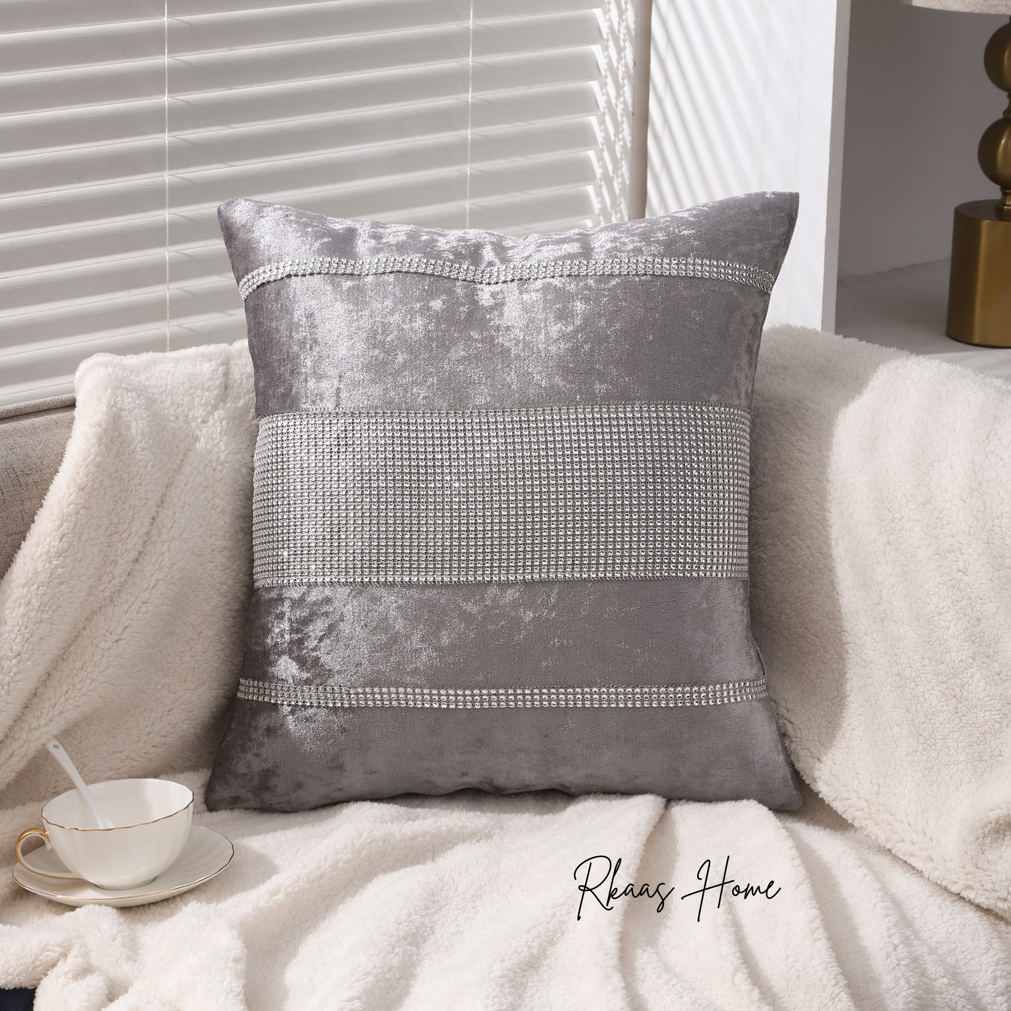 Diamante Sparkle Silver Grey Crushed Ice Velvet Square cushion cover with a luxurious striped pattern, perfect for home decor.