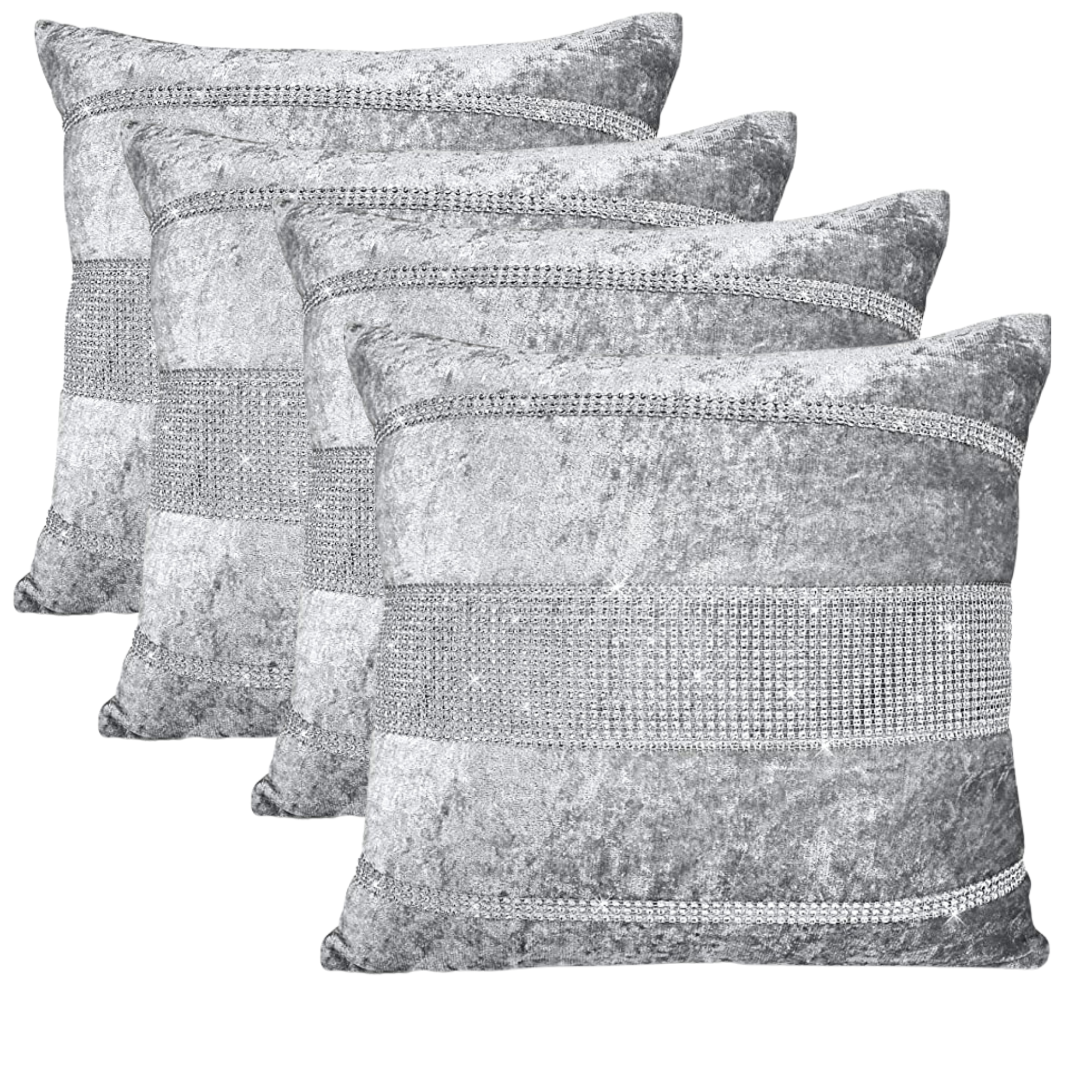 Diamante Sparkle Silver Grey Crushed Ice Velvet Square cushion cover with a luxurious striped pattern, perfect for home decor.