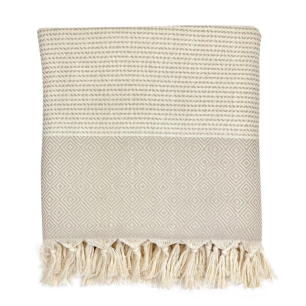 A beautifully crafted Diamond Stripe Turkish Throw showcasing intricate diamond patterns and hand-knotted fringe, perfect for home decor.