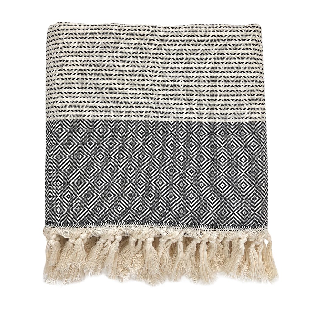 A beautifully crafted Diamond Stripe Turkish Throw showcasing intricate diamond patterns and hand-knotted fringe, perfect for home decor.