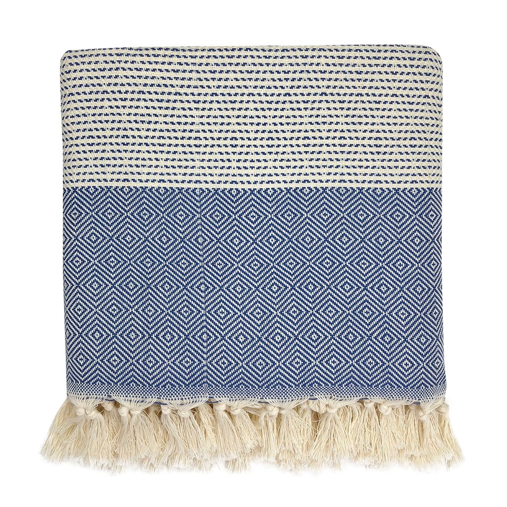 A beautifully crafted Diamond Stripe Turkish Throw showcasing intricate diamond patterns and hand-knotted fringe, perfect for home decor.