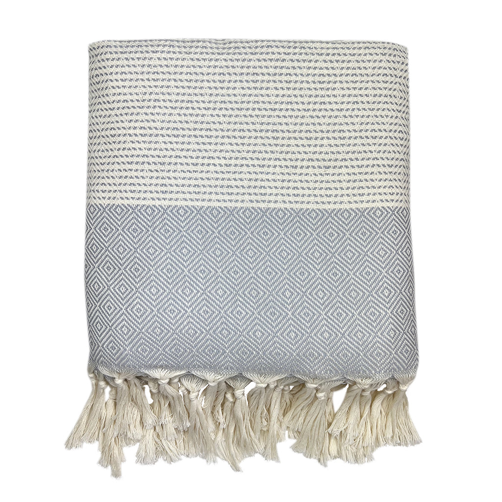 A beautifully crafted Diamond Stripe Turkish Throw showcasing intricate diamond patterns and hand-knotted fringe, perfect for home decor.