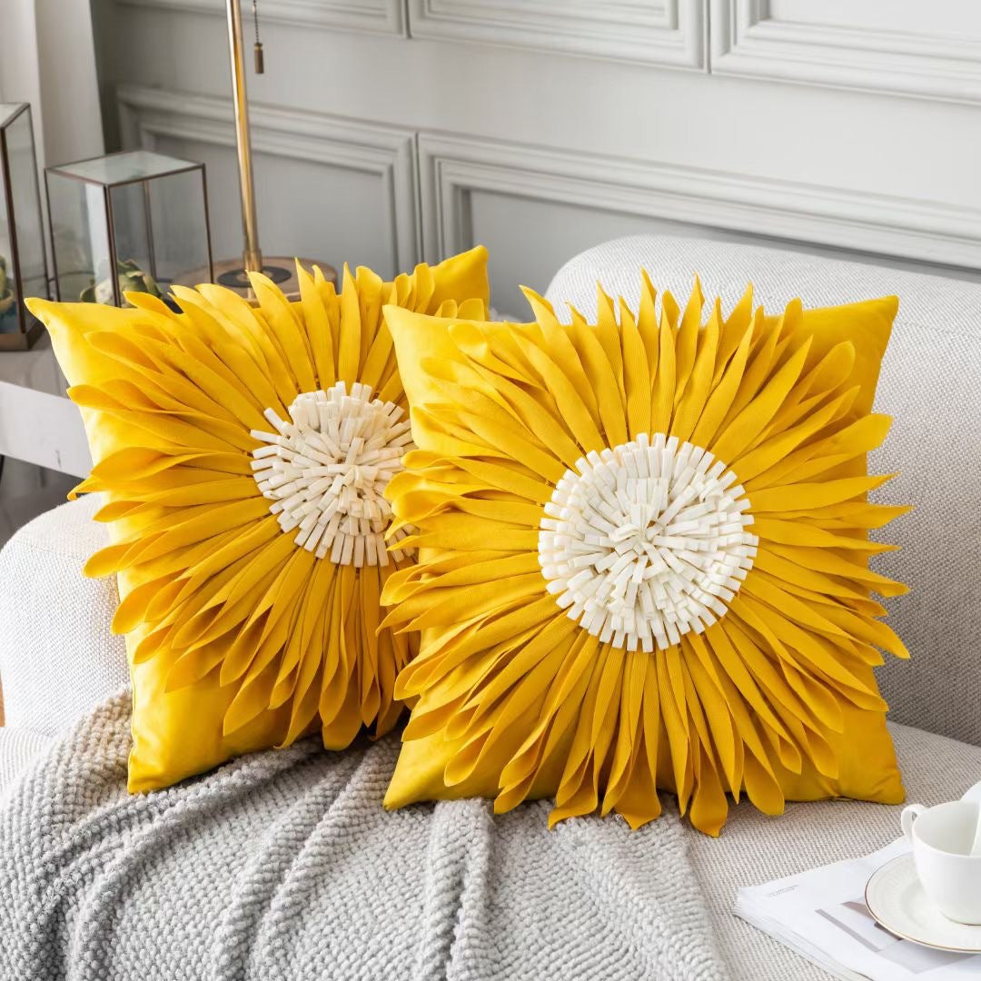 Fashion modern style white throw pillows with velvet stitching and fringed hem, showcasing a three-dimensional tufted design.