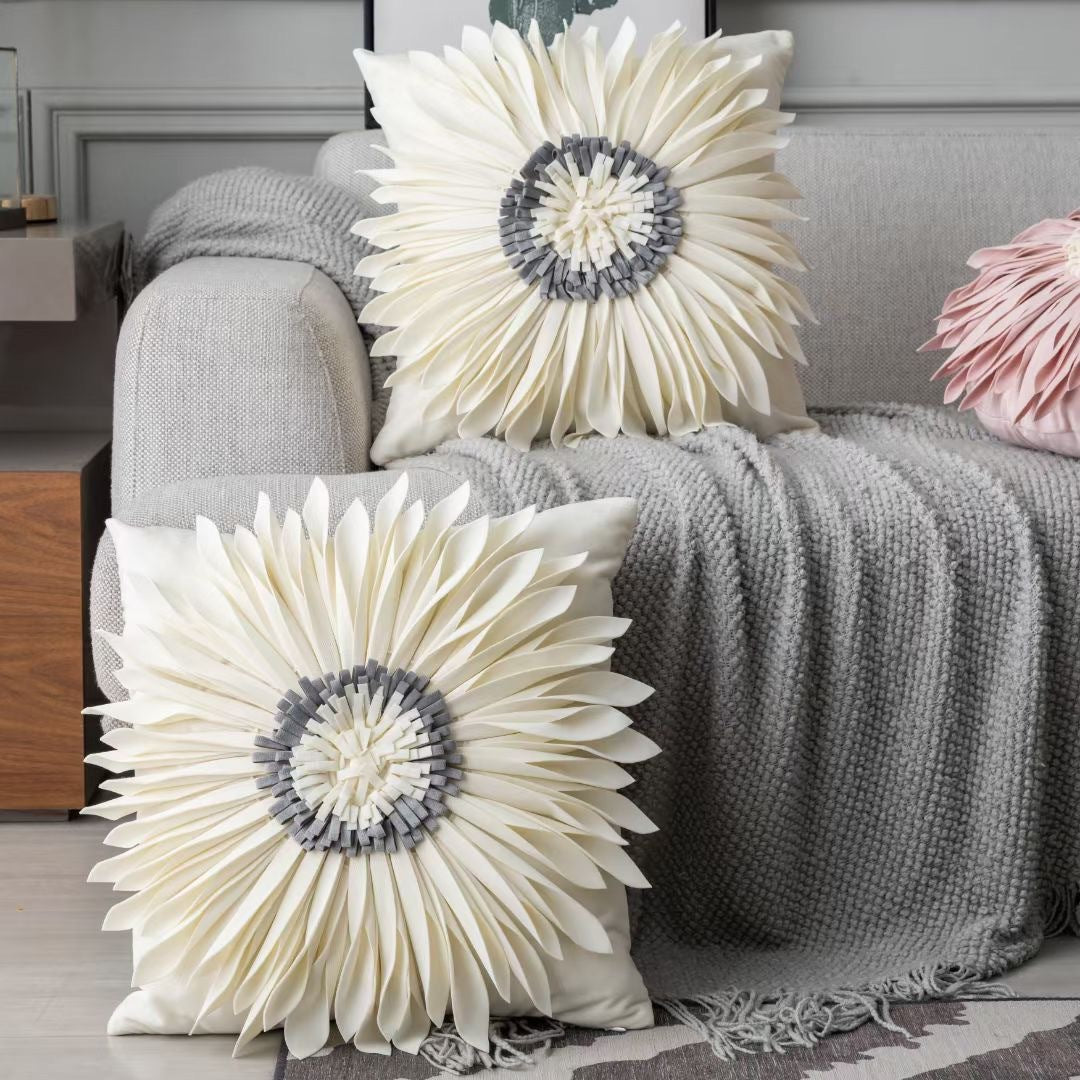 Fashion modern style white throw pillows with velvet stitching and fringed hem, showcasing a three-dimensional tufted design.