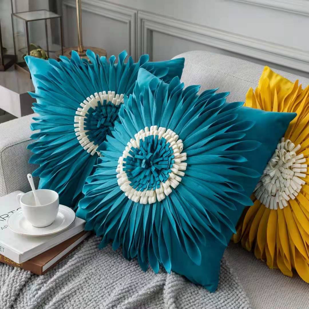 Fashion modern style white throw pillows with velvet stitching and fringed hem, showcasing a three-dimensional tufted design.