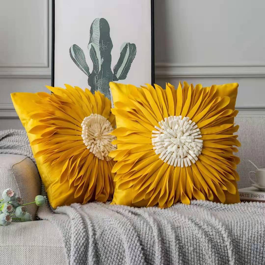 Fashion modern style white throw pillows with velvet stitching and fringed hem, showcasing a three-dimensional tufted design.