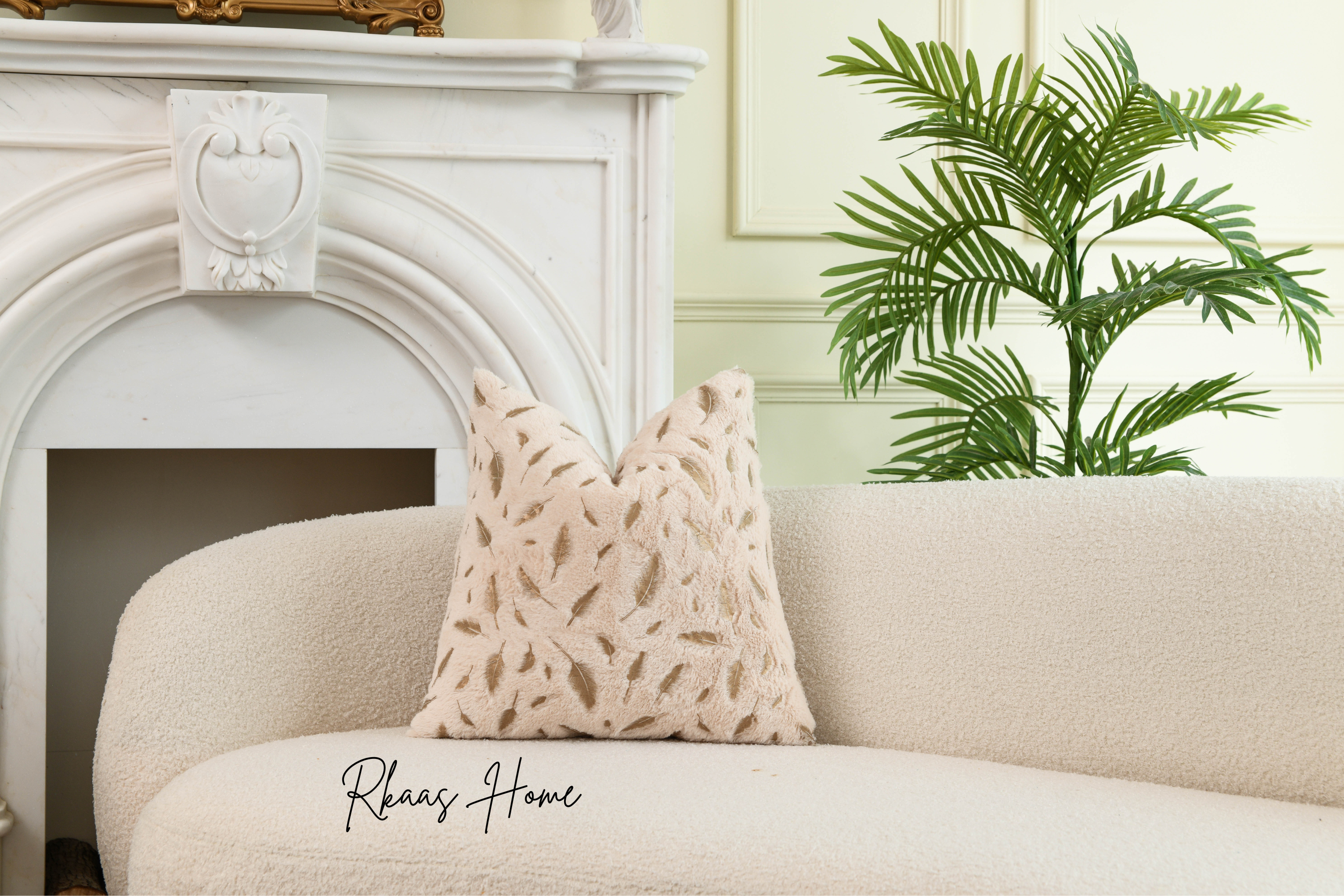 Fluffy soft plush faux fur cushion covers with elegant gold feather design, perfect for home decor.