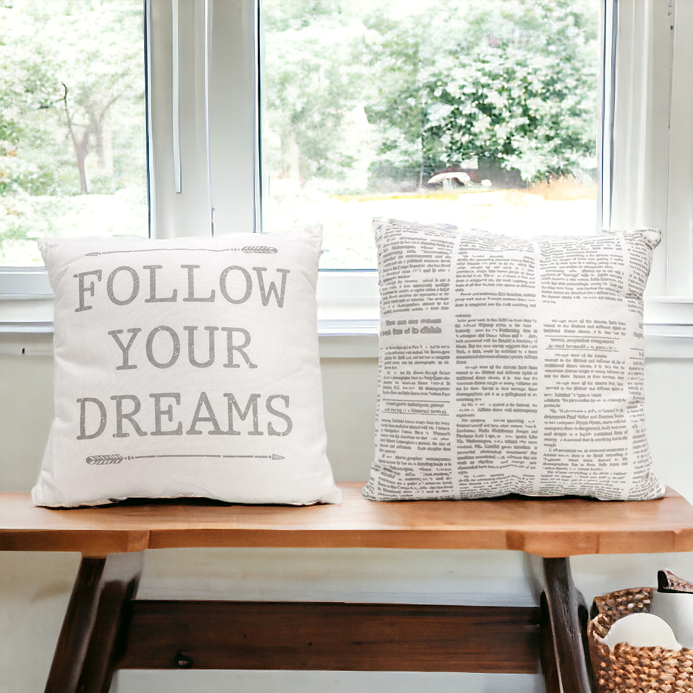 Follow Your Dreams 16" pillow featuring Fine Arrow Silhouettes and vintage newspaper design on a soft cotton canvas.