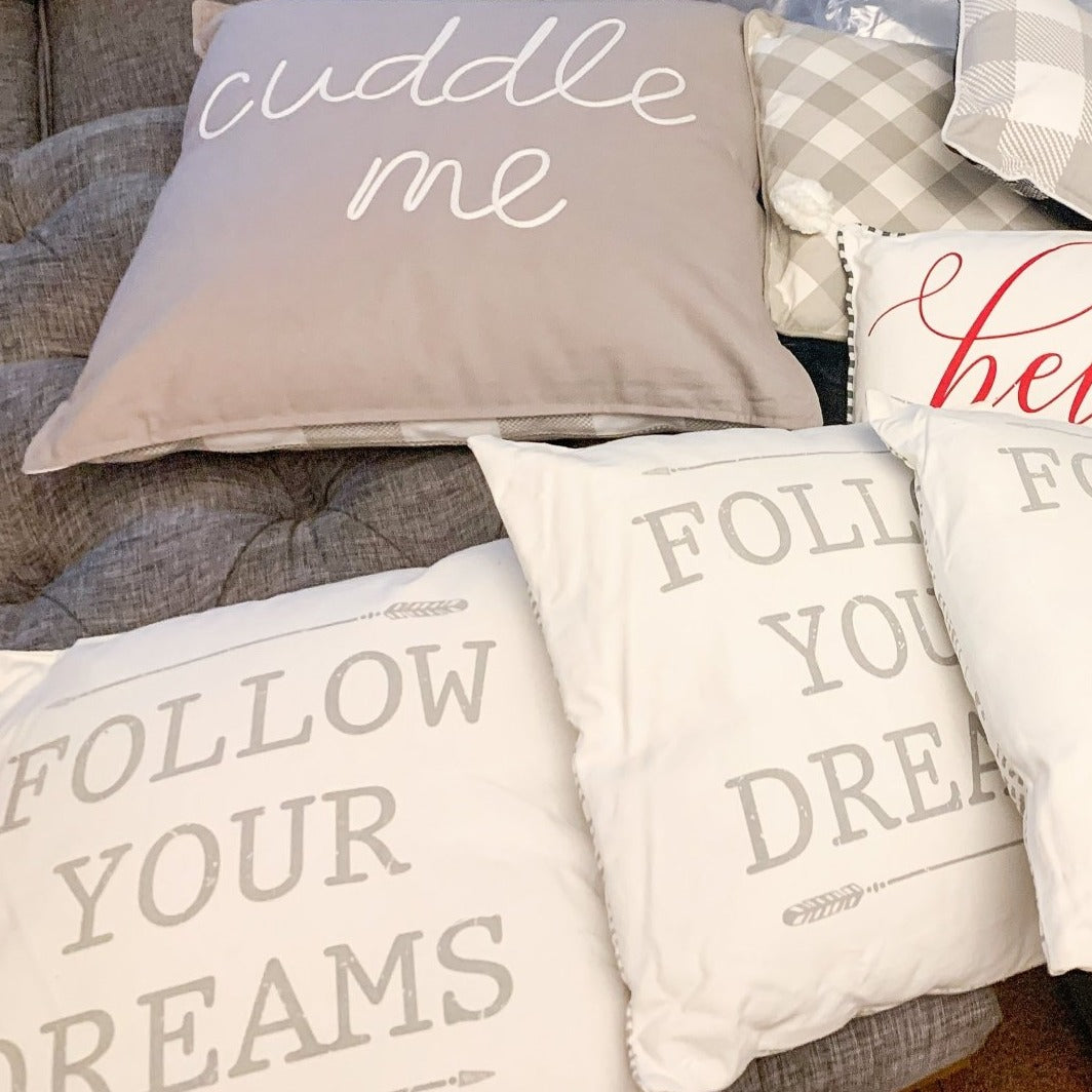 Follow Your Dreams 16" pillow featuring Fine Arrow Silhouettes and vintage newspaper design on a soft cotton canvas.