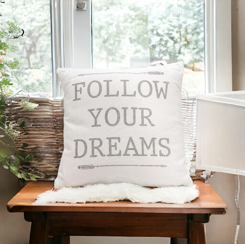 Follow Your Dreams 16" pillow featuring Fine Arrow Silhouettes and vintage newspaper design on a soft cotton canvas.