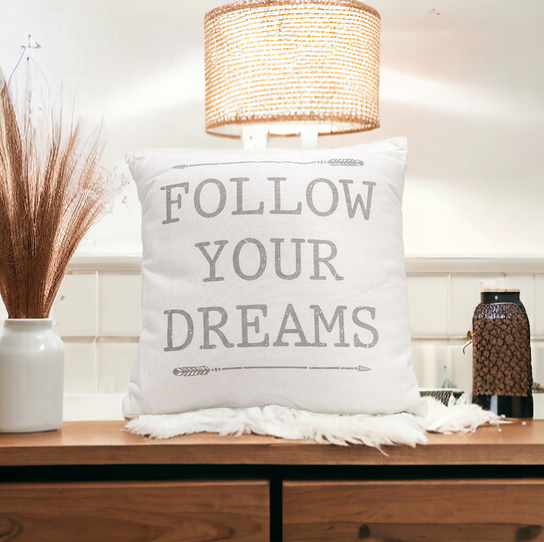 Follow Your Dreams 16" pillow featuring Fine Arrow Silhouettes and vintage newspaper design on a soft cotton canvas.