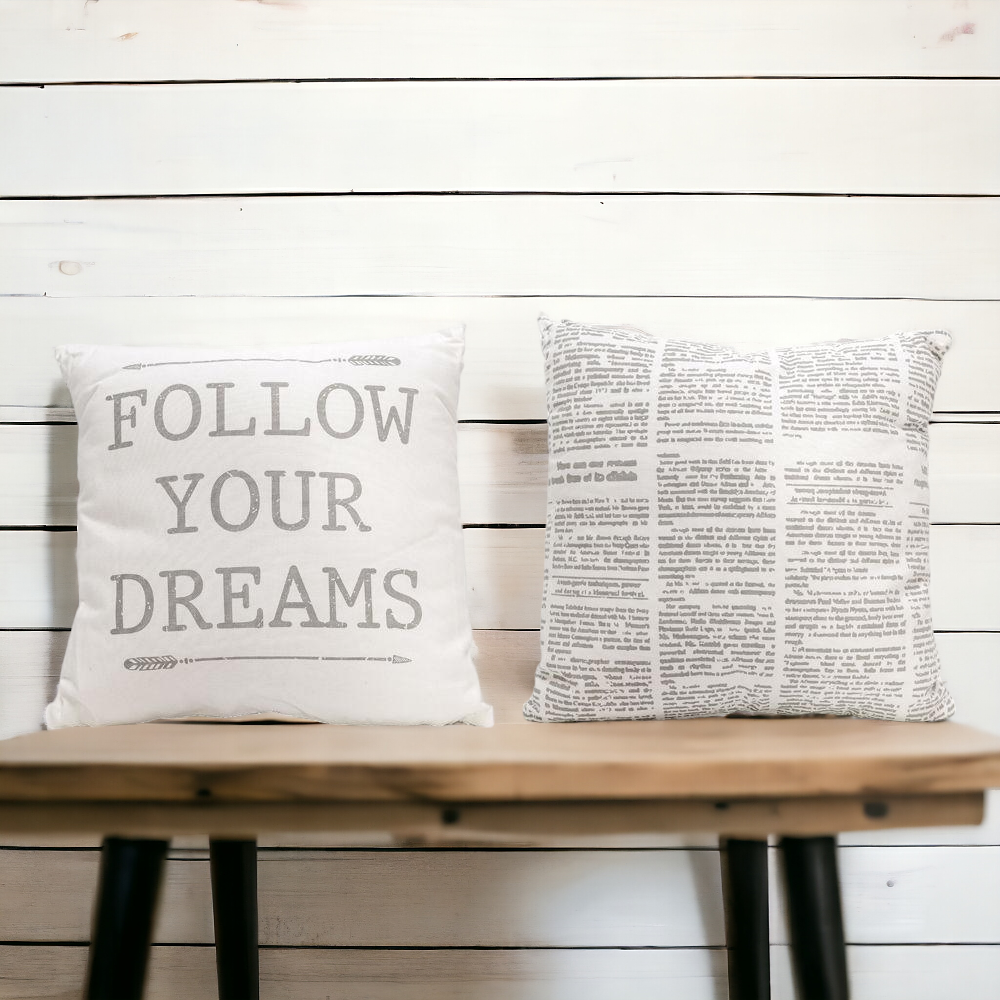 Follow Your Dreams 16" pillow featuring Fine Arrow Silhouettes and vintage newspaper design on a soft cotton canvas.