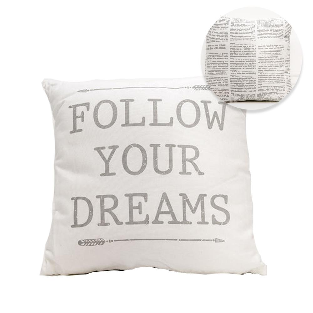 Follow Your Dreams 16" pillow featuring Fine Arrow Silhouettes and vintage newspaper design on a soft cotton canvas.