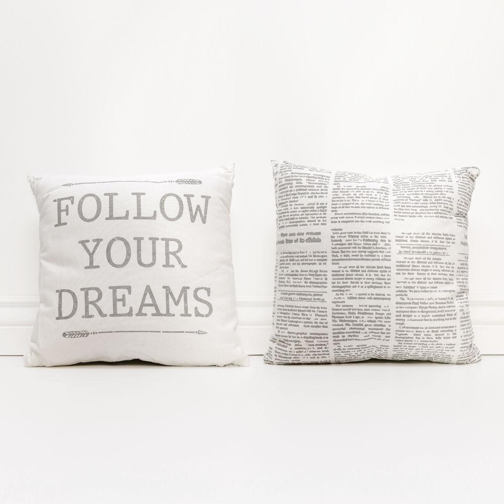 Follow Your Dreams 16" pillow featuring Fine Arrow Silhouettes and vintage newspaper design on a soft cotton canvas.