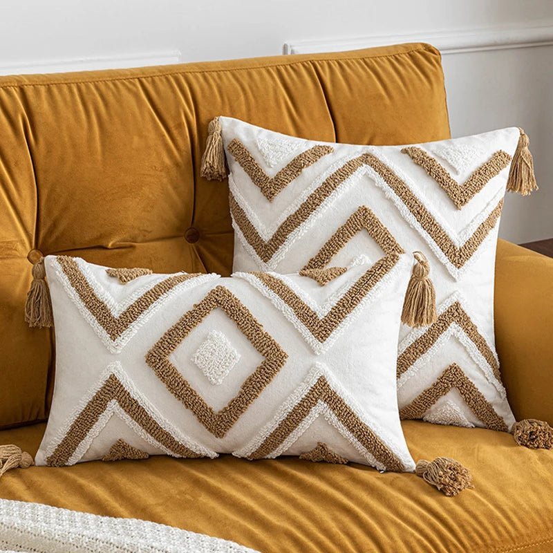 Geometric Tasseled Pillow Case featuring modern patterns and decorative tassels, ideal for home decor.