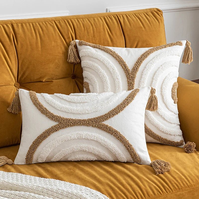 Geometric Tasseled Pillow Case featuring modern patterns and decorative tassels, ideal for home decor.