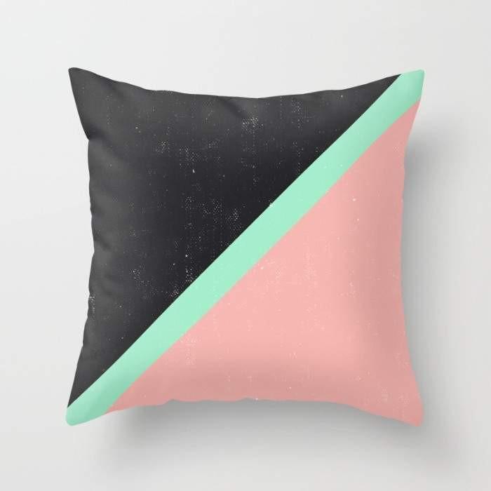 Girly pink and mint green modern color block throw pillow cover with concealed zipper, measuring 16x16 inches.