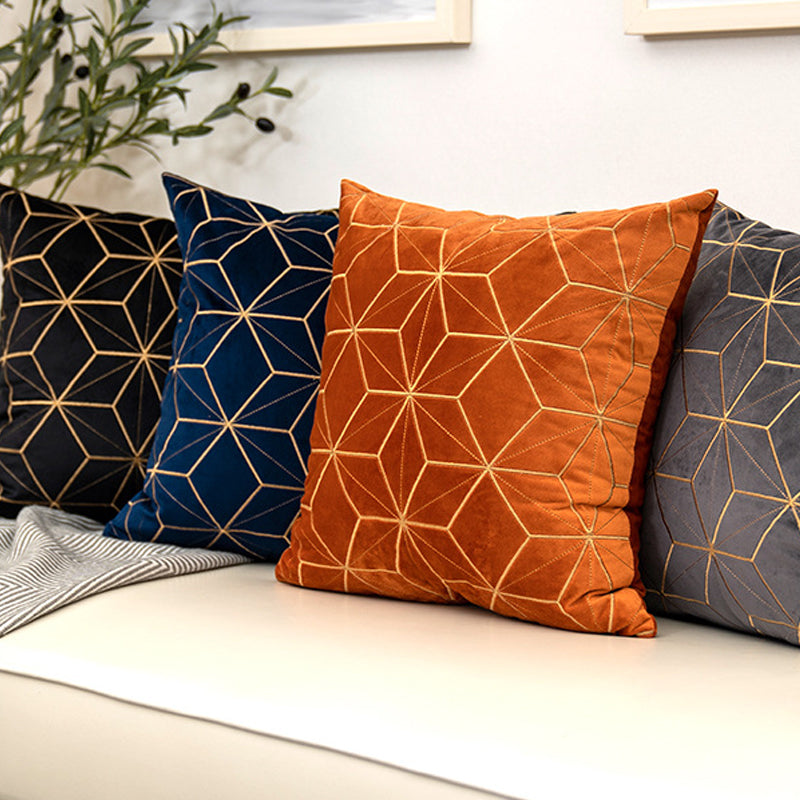 Gold plaid velvet cushion cover, 18x18 inches, showcasing a luxurious geometric pattern.