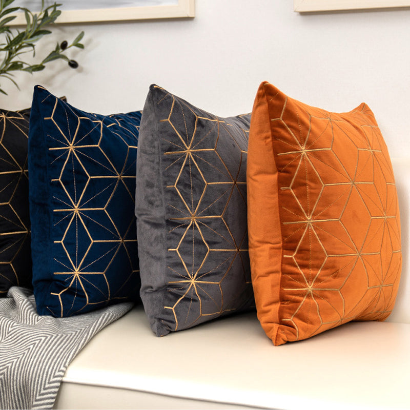 Gold plaid velvet cushion cover, 18x18 inches, showcasing a luxurious geometric pattern.