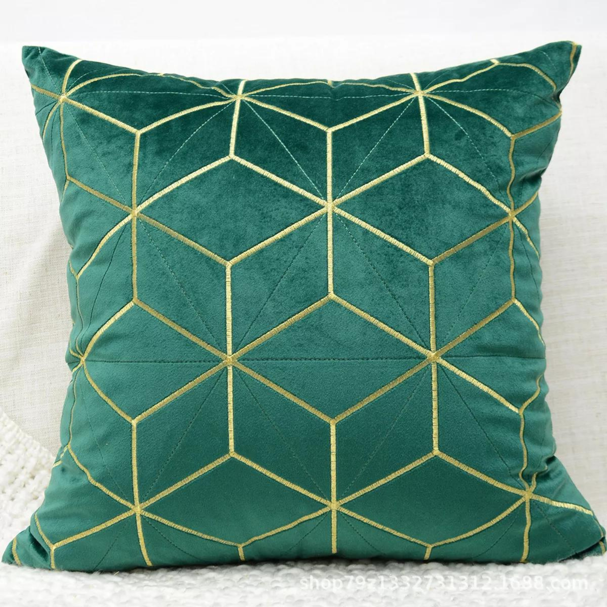 Gold plaid velvet cushion cover, 18x18 inches, showcasing a luxurious geometric pattern.