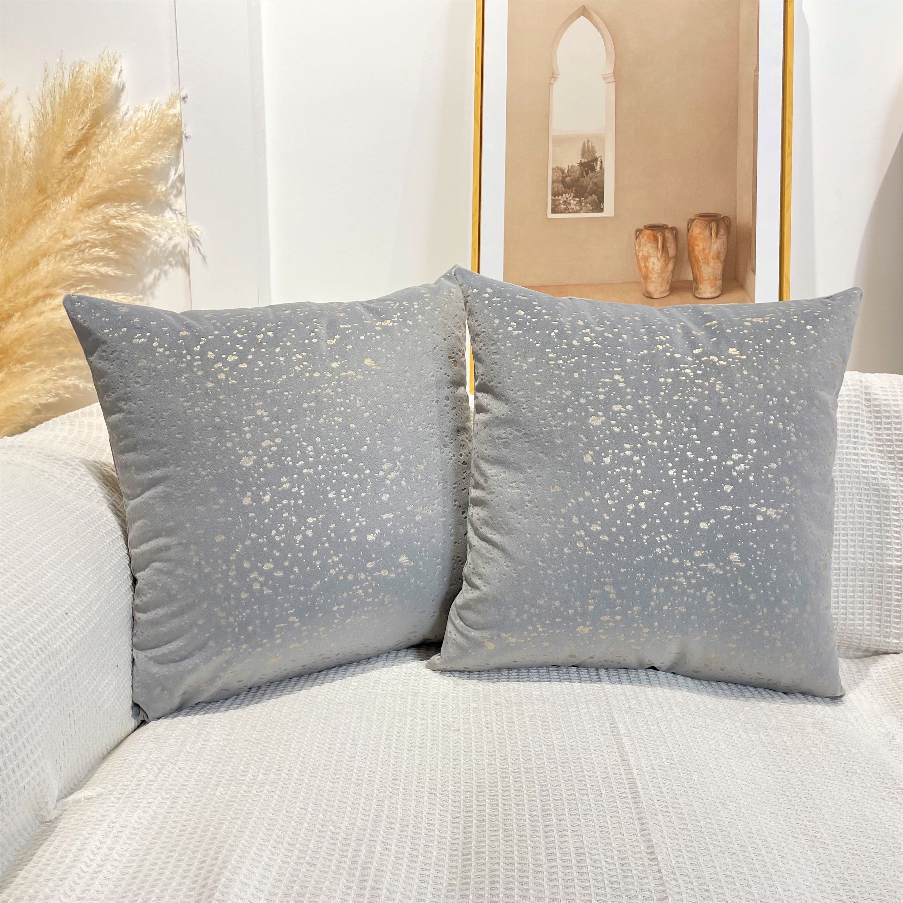 Gold Stamp Dots Velvet Cushion Covers in a stylish living room setting, showcasing their luxurious texture and elegant design.