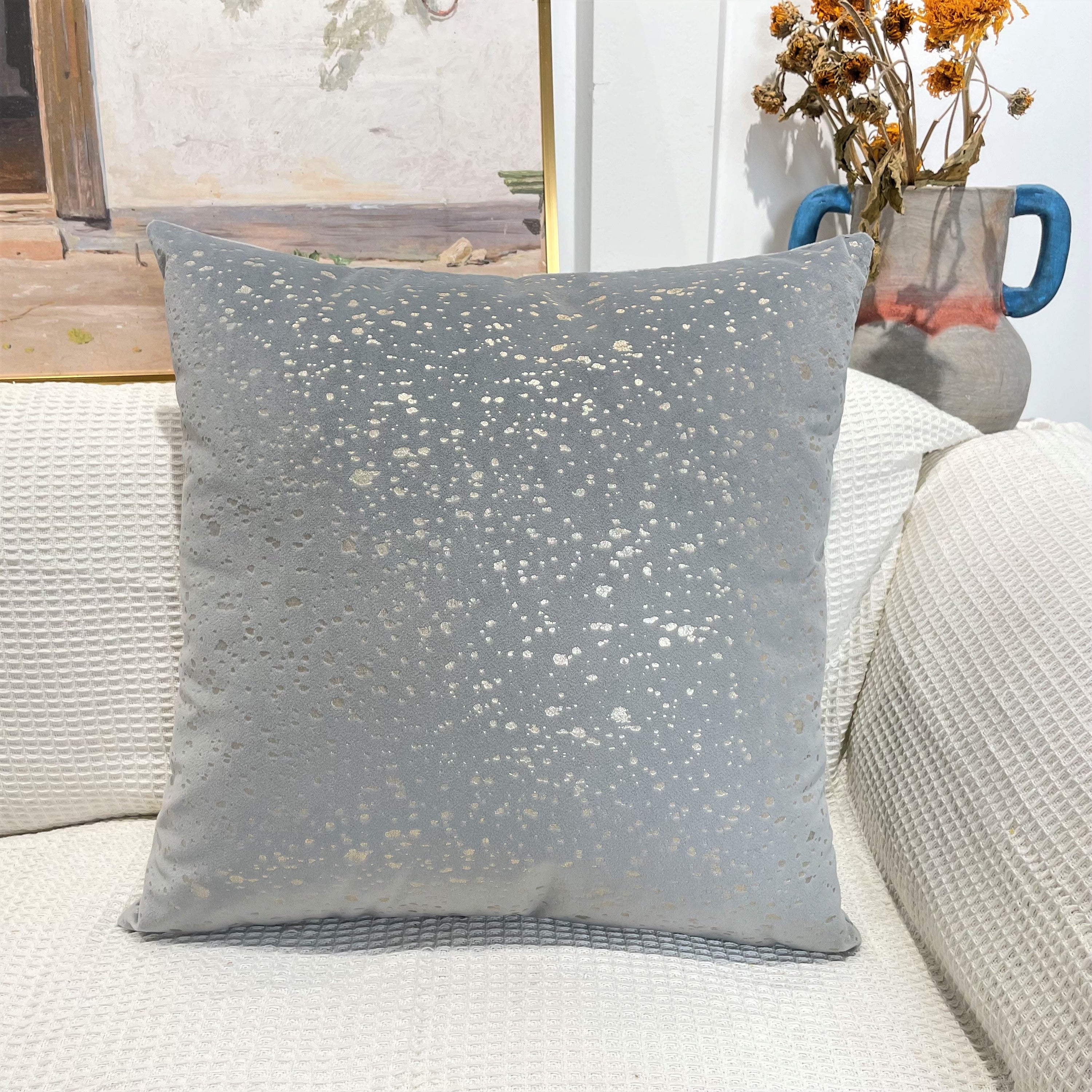 Gold Stamp Dots Velvet Cushion Covers in a stylish living room setting, showcasing their luxurious texture and elegant design.