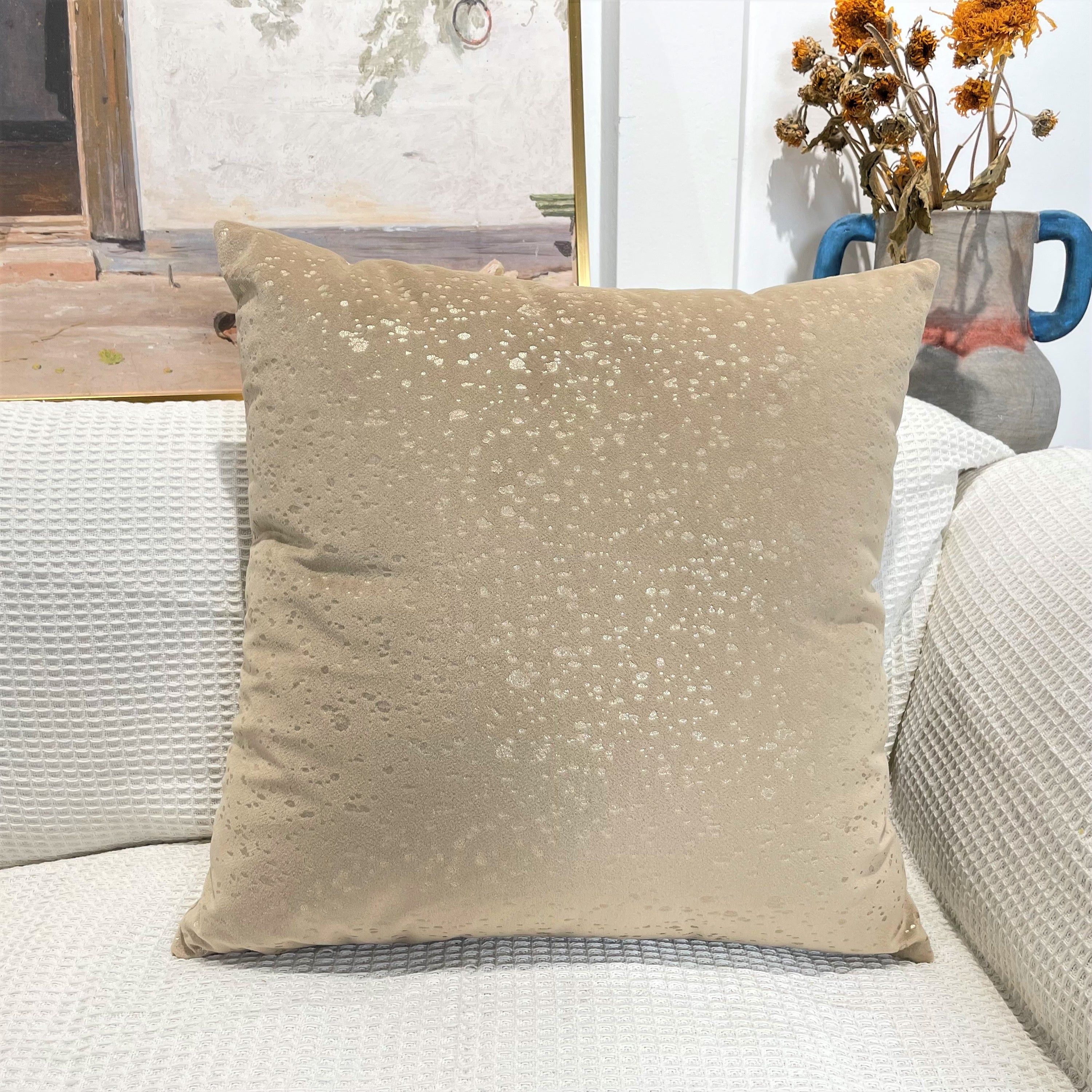 Gold Stamp Dots Velvet Cushion Covers in a stylish living room setting, showcasing their luxurious texture and elegant design.