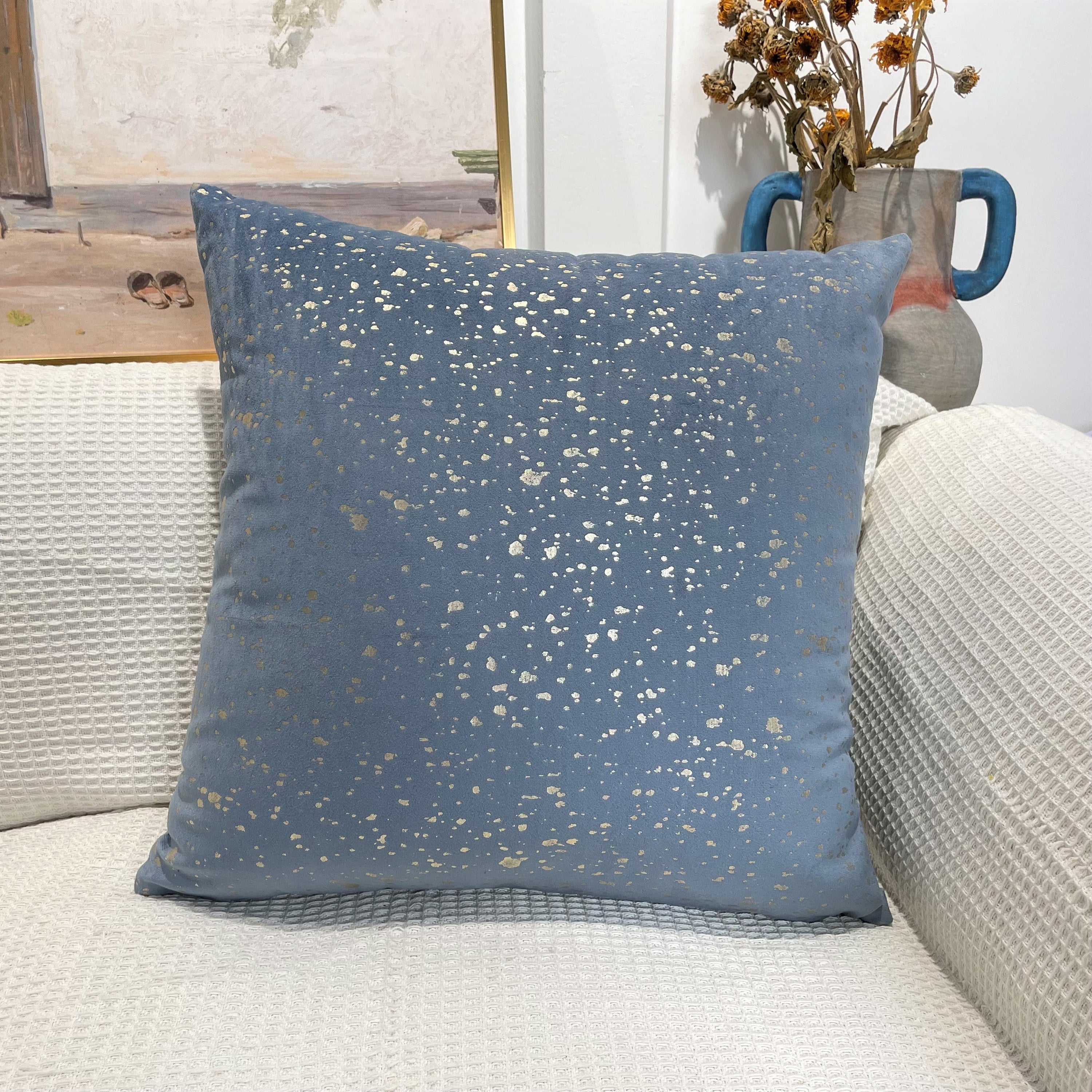 Gold Stamp Dots Velvet Cushion Covers in a stylish living room setting, showcasing their luxurious texture and elegant design.