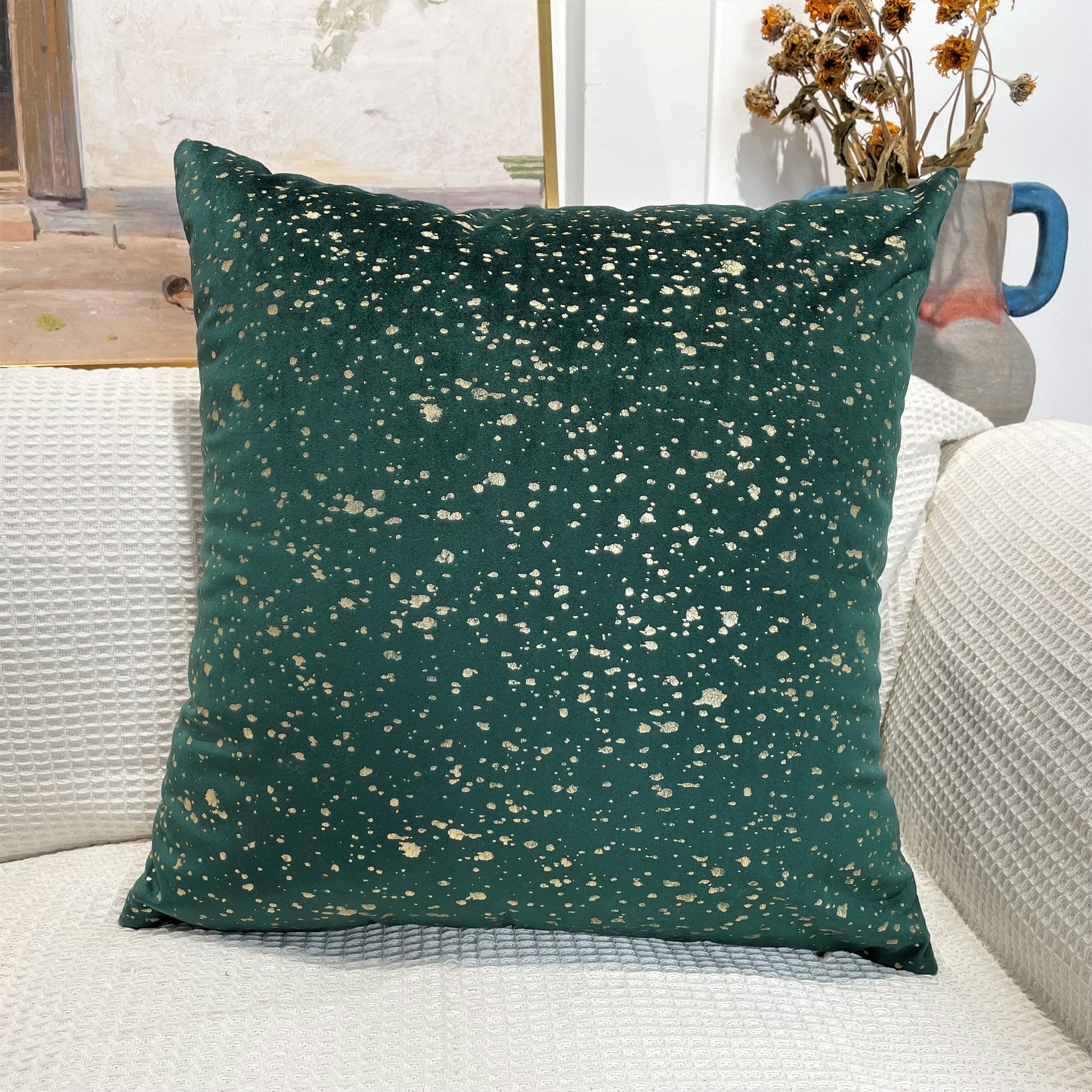 Gold Stamp Dots Velvet Cushion Covers in a stylish living room setting, showcasing their luxurious texture and elegant design.