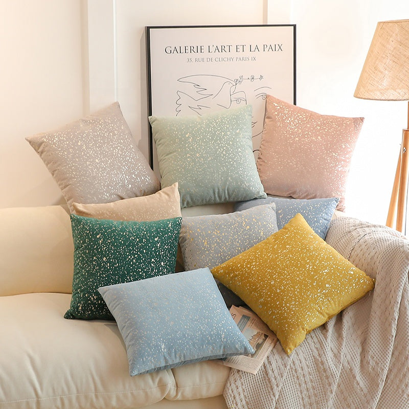 Gold Stamp Dots Velvet Cushion Covers in a stylish living room setting, showcasing their luxurious texture and elegant design.