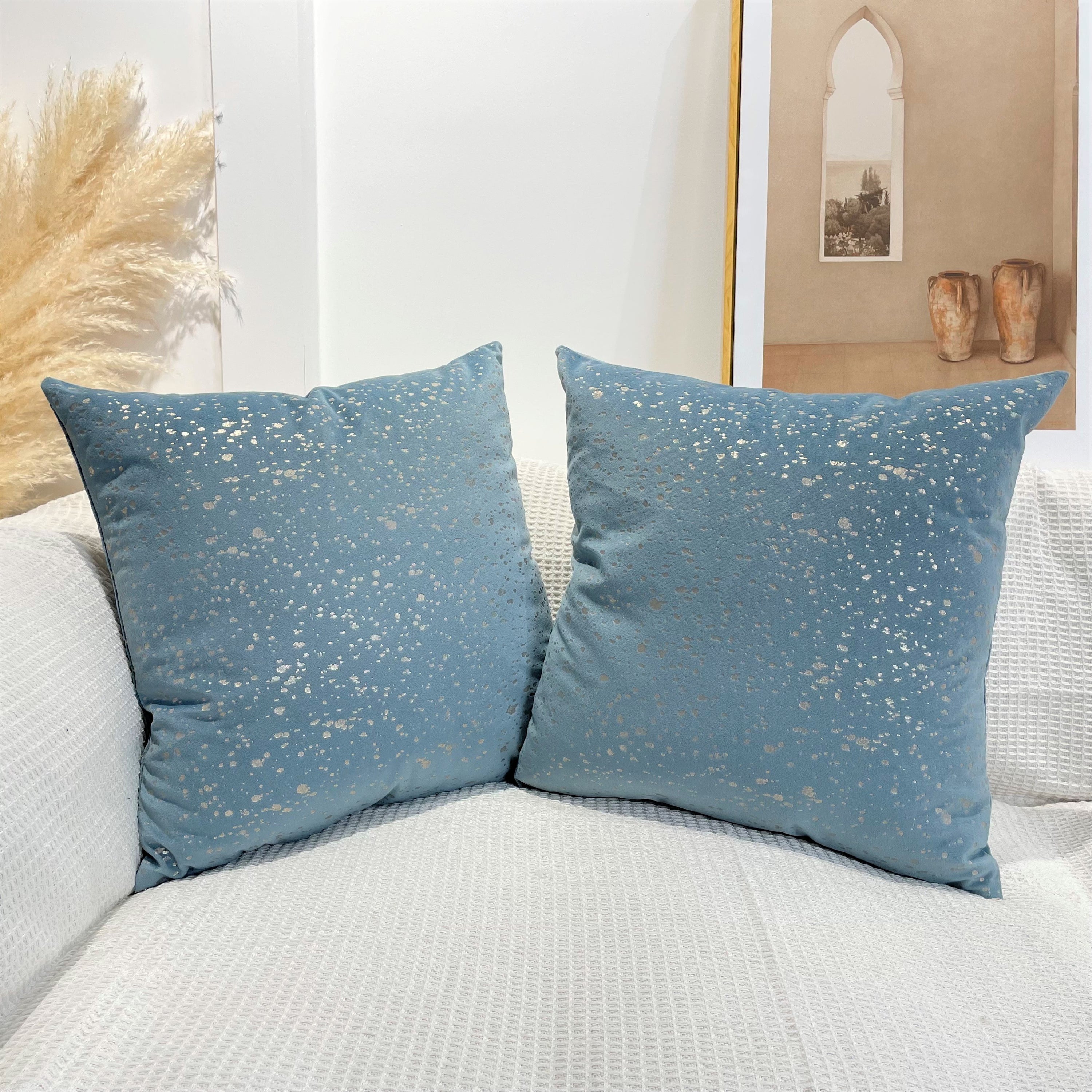 Gold Stamp Dots Velvet Cushion Covers in a stylish living room setting, showcasing their luxurious texture and elegant design.