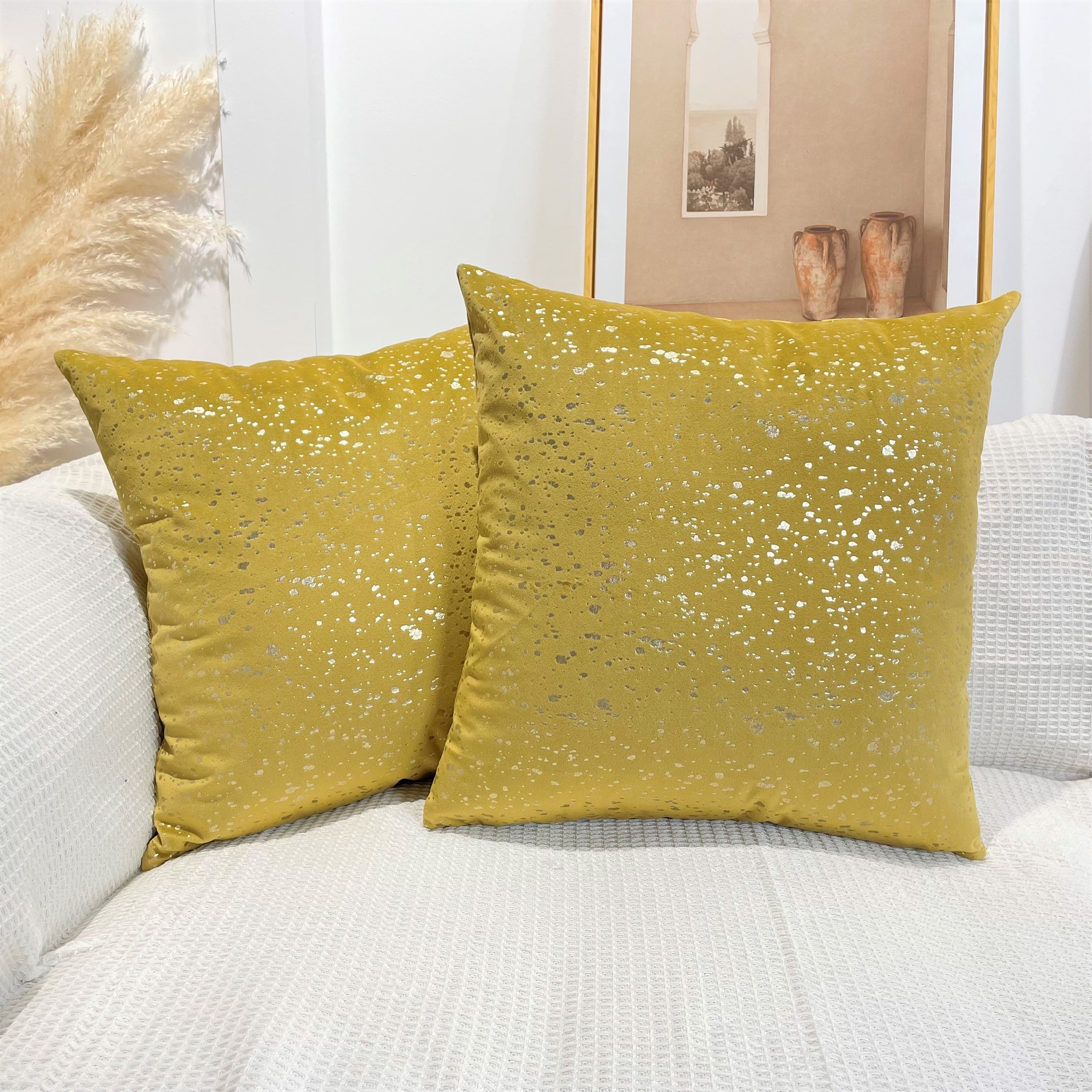 Gold Stamp Dots Velvet Cushion Covers in a stylish living room setting, showcasing their luxurious texture and elegant design.