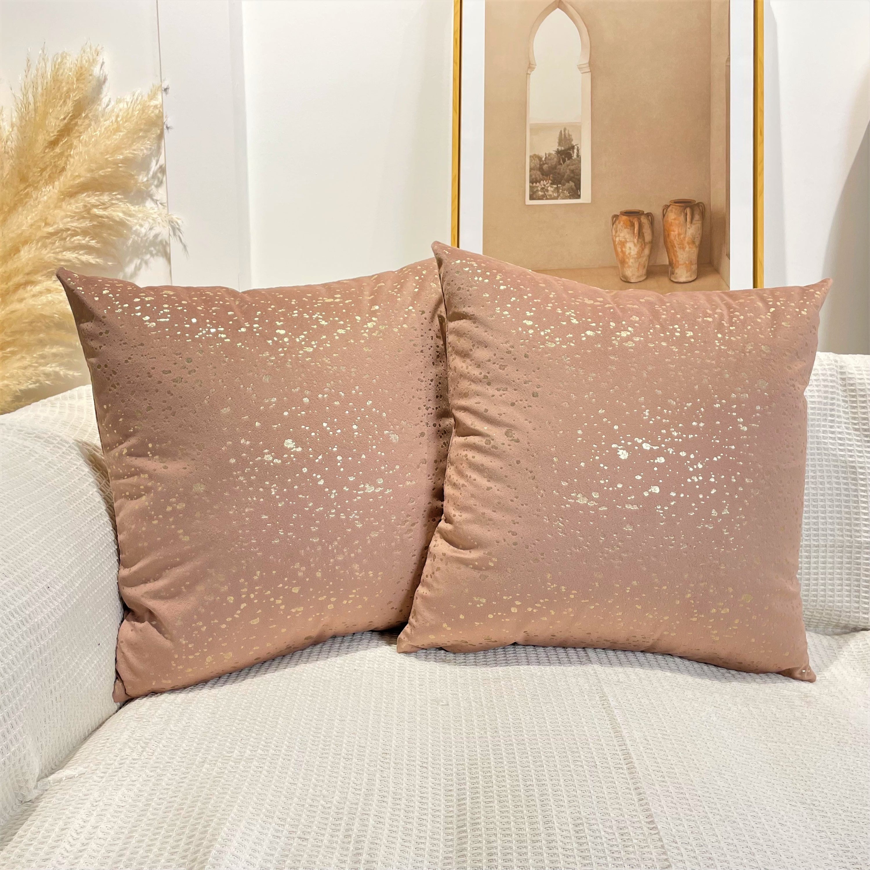 Gold Stamp Dots Velvet Cushion Covers in a stylish living room setting, showcasing their luxurious texture and elegant design.