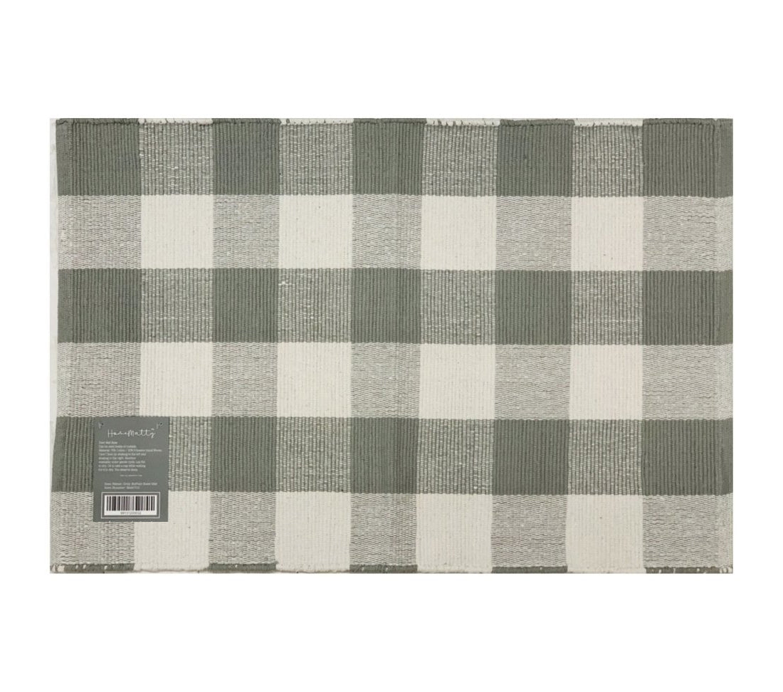 Gray's Base Mat featuring a red buffalo check design, perfect for layering with quote mats, made of 100% woven cotton.