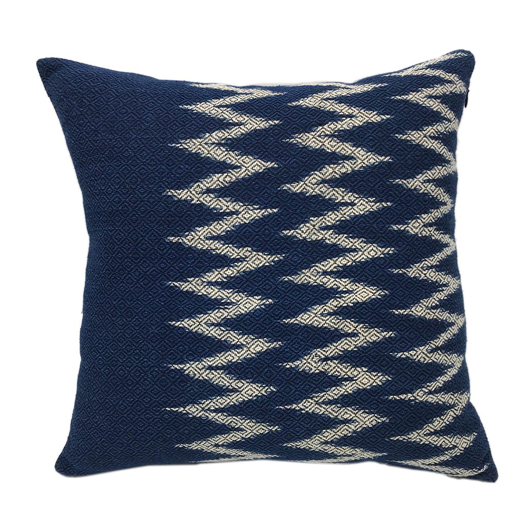 Handcrafted Indigo Chevron Pillow Cover made from natural indigo dyed cotton, showcasing unique patterns and craftsmanship.