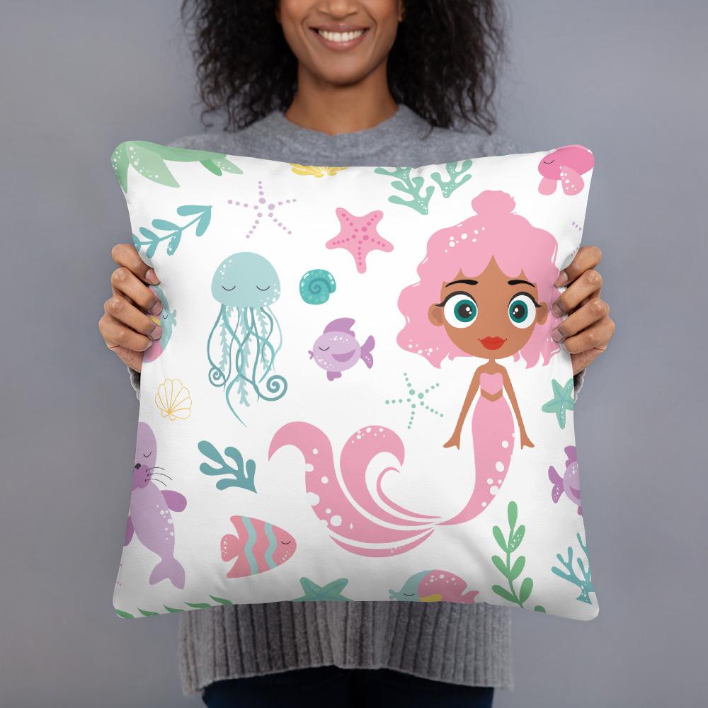 Kritter Mermaid Sea Throw Pillow featuring a vibrant mermaid design with a hidden zipper and soft polyester fabric.