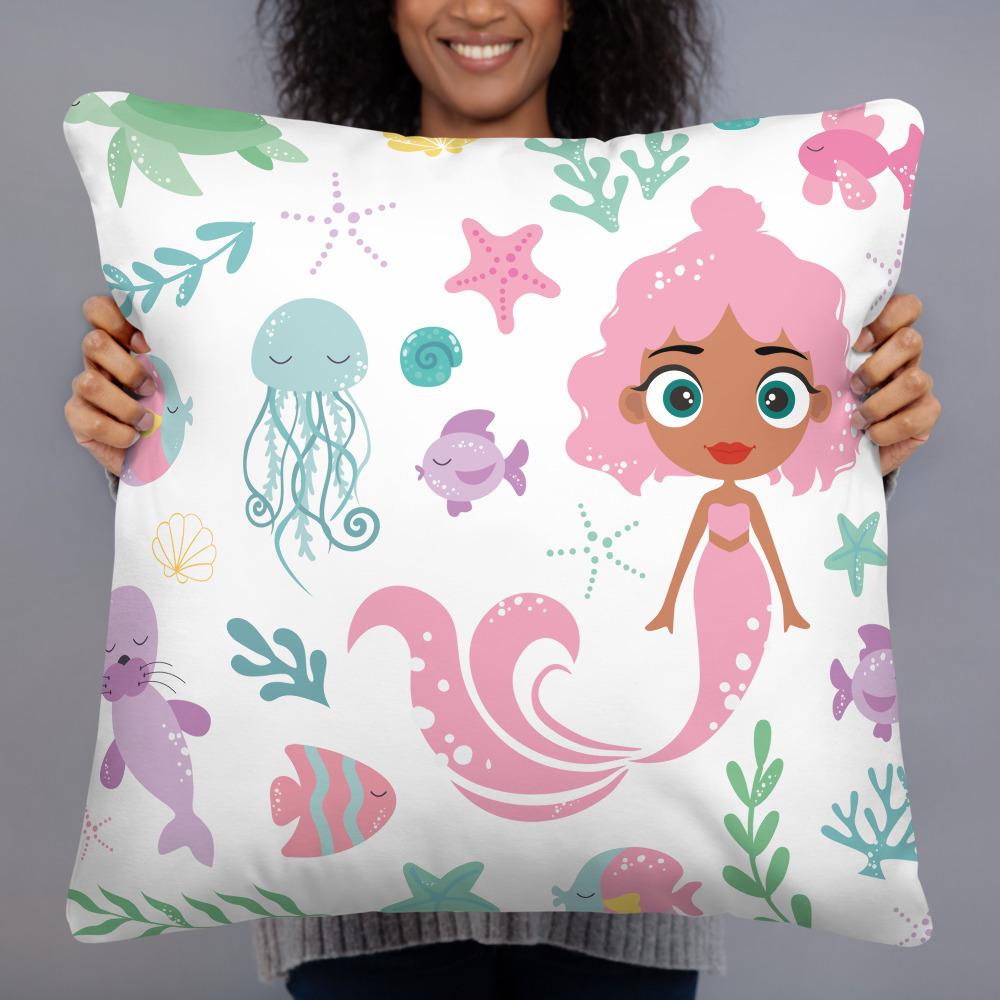 Kritter Mermaid Sea Throw Pillow featuring a vibrant mermaid design with a hidden zipper and soft polyester fabric.