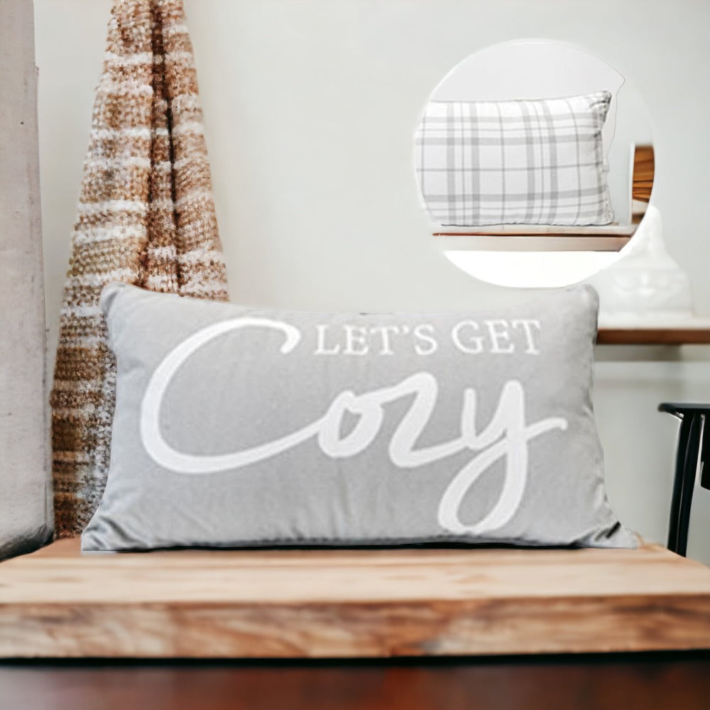 Let's Get Cozy LG reversible throw pillow featuring cozy text on one side and a checkered gray pattern on the other, perfect for home decor.