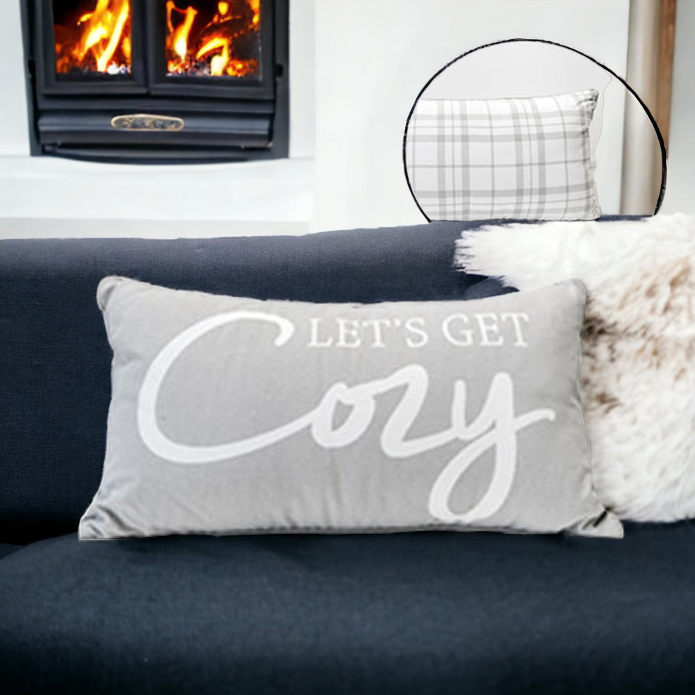 Let's Get Cozy LG reversible throw pillow featuring cozy text on one side and a checkered gray pattern on the other, perfect for home decor.