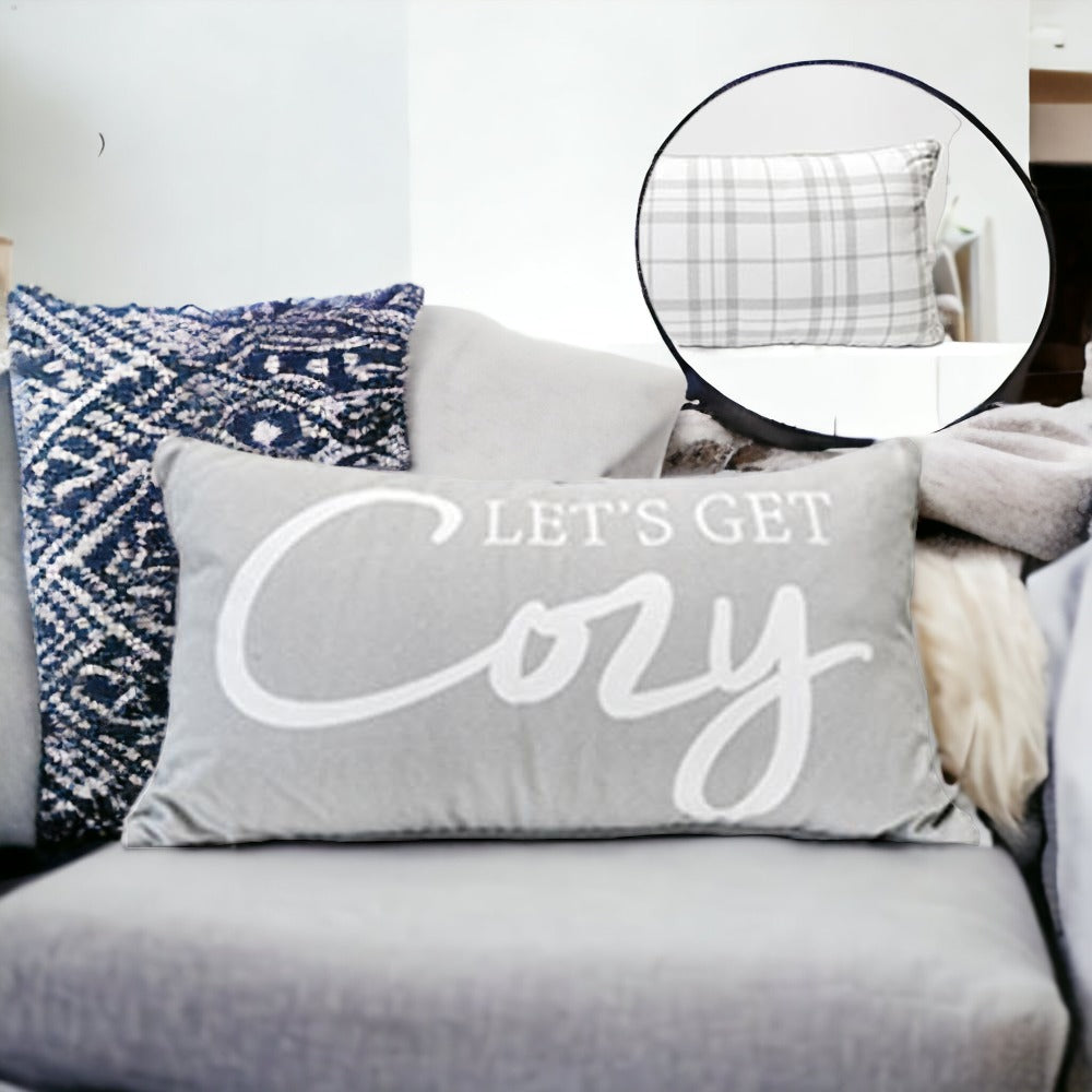 Let's Get Cozy LG reversible throw pillow featuring cozy text on one side and a checkered gray pattern on the other, perfect for home decor.